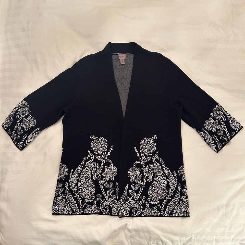Chico's Open Cardigan, 3/4 Sleeve, Paisley Black/White Size XL